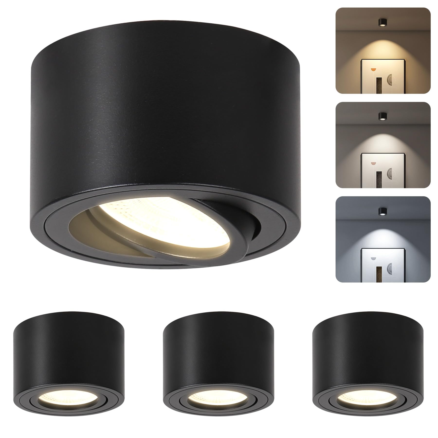 CANMEIJIA Reflektor sufitowy LED 7W ściemnialny, sufitowy, Ø80x50mm, bardzo płaski, obrotowy o 30° montowany na powierzchni, 3000K/4000K/6500K, reflektor sufitowy aluminiowy, okrągły, czarny 4 sztuki