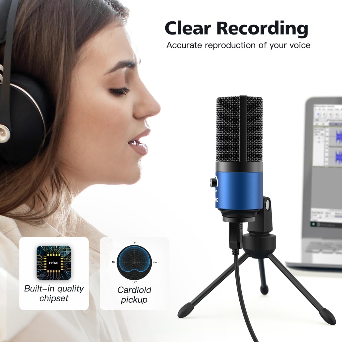 FIFINE K669L Microphone d'ordinateur USB pour Enregistrement vidéo Youtube Voix sur Voix sur Mac et PC, Microphone à condensateur avec contrôle de Gain pour Home Studio, Plug & Play