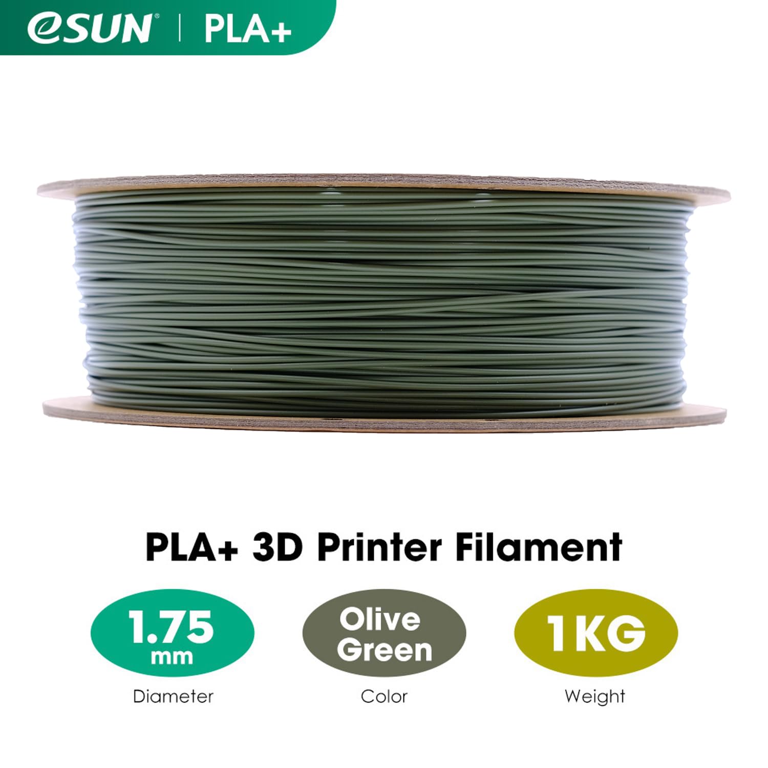 eSUN Filamento PLA+ 1.75mm, Filamento per Stampante 3D PLA Plus, Precisione Dimensionale +/- 0.03mm, Bobina da 1kg (2.2 libbre) Filamento per Stampa 3D per Stampanti 3D, Verde Oliva