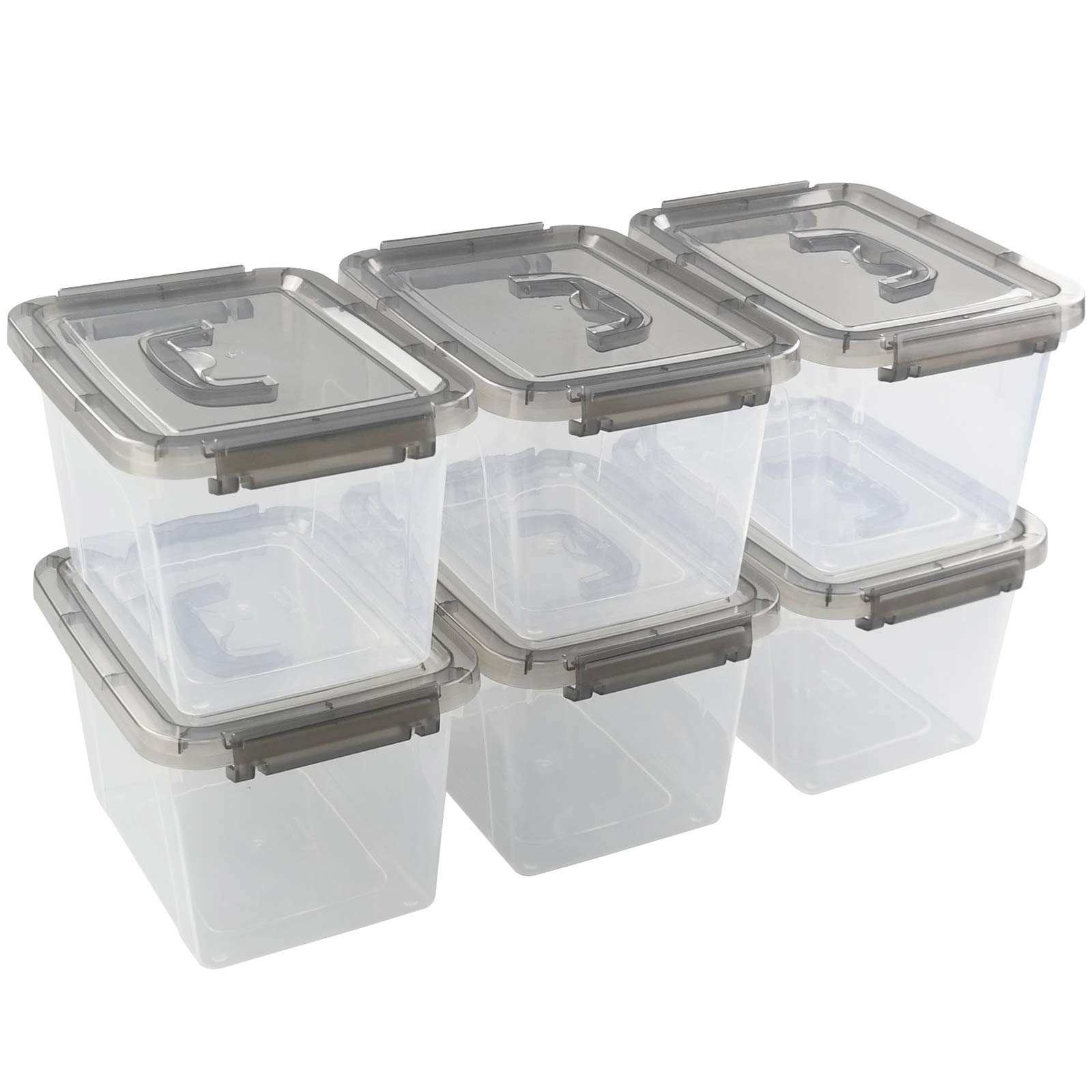 Rinboat 6 L Clear Plastic Storage Boxes, Small Lidded Bins with Handle, 6 Packs