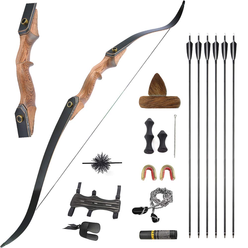 AMEYXGS 60" Tiro con L'Arco Takedown Longbow Arco ricurvo e Freccia Set Riser in Legno 20-60lbs Arco da Caccia Arco Tradizionale da Caccia all'aperto Arco per Adulti Mano Destra