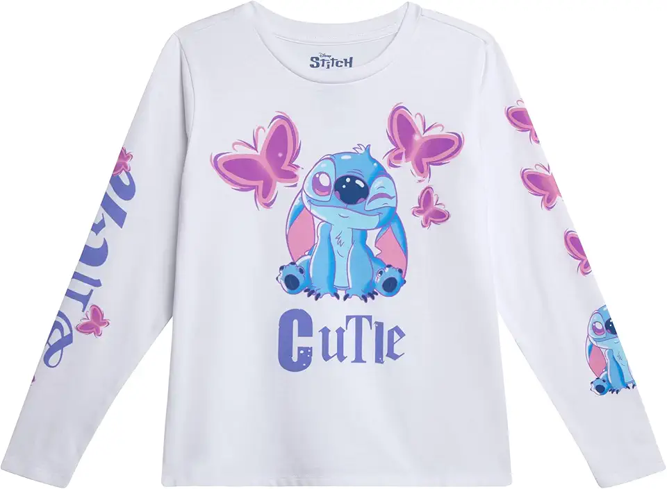 Disney Girls Shirts - Stitch & Angel Minnie Mouse Long Sleeve or Short Sleeve Graphic Tees for Girls (Sizes: 5-14)