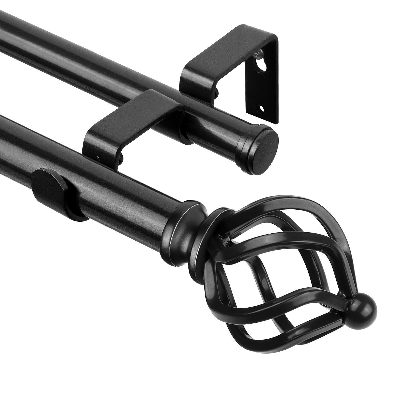 KAMANINA Double Curtain Pole 167 to 304 cm, Black Extendable Curtain Poles for Eyelet Curtains, 22 mm Diameter Curtain Pole with Twisted Cage Finials