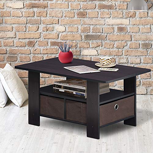 Image of Furinno Andrey Coffee Table with Bin Drawer, Dark Walnut | 2x Bin Drawers, Soft-Corner, Rectangular Side Table for Living Room, Bedroom, Home Office