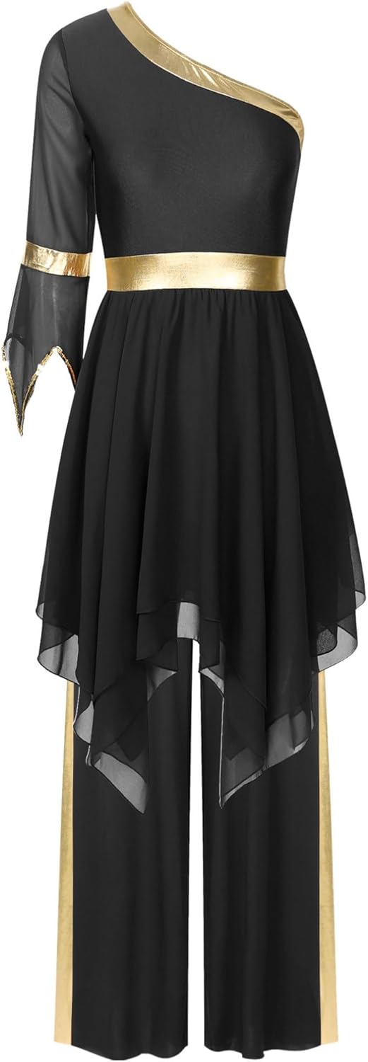 Womens Worship Dance One Shoulder Flared Sleeve Praise Dress with Wide-Leg Pants Liturgical Dance 2PCS Outfit