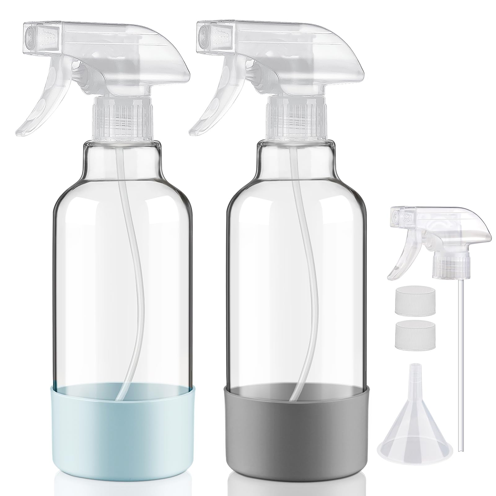 Lot de 2 vaporisateurs vides en verre avec manchon en silicone de 480 ml pour brume capillaire/pulvérisation de flux pour solutions de nettoyage, plantes, huiles essentielles (transparent-qblue