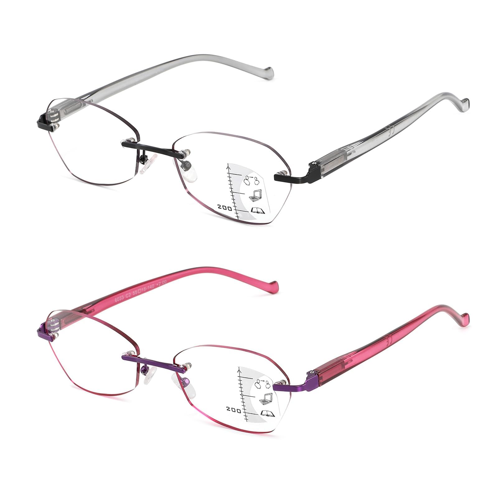 Multifocus Reading Glasses Women Progressive Multifocal No Line Bifocal Rimless Reader Bl…