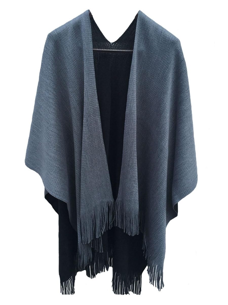 Womens Reversible Knitted Poncho Cape Oversized Christmas Scarf Blanket Shawl Wrap (Grey)(Size:L)