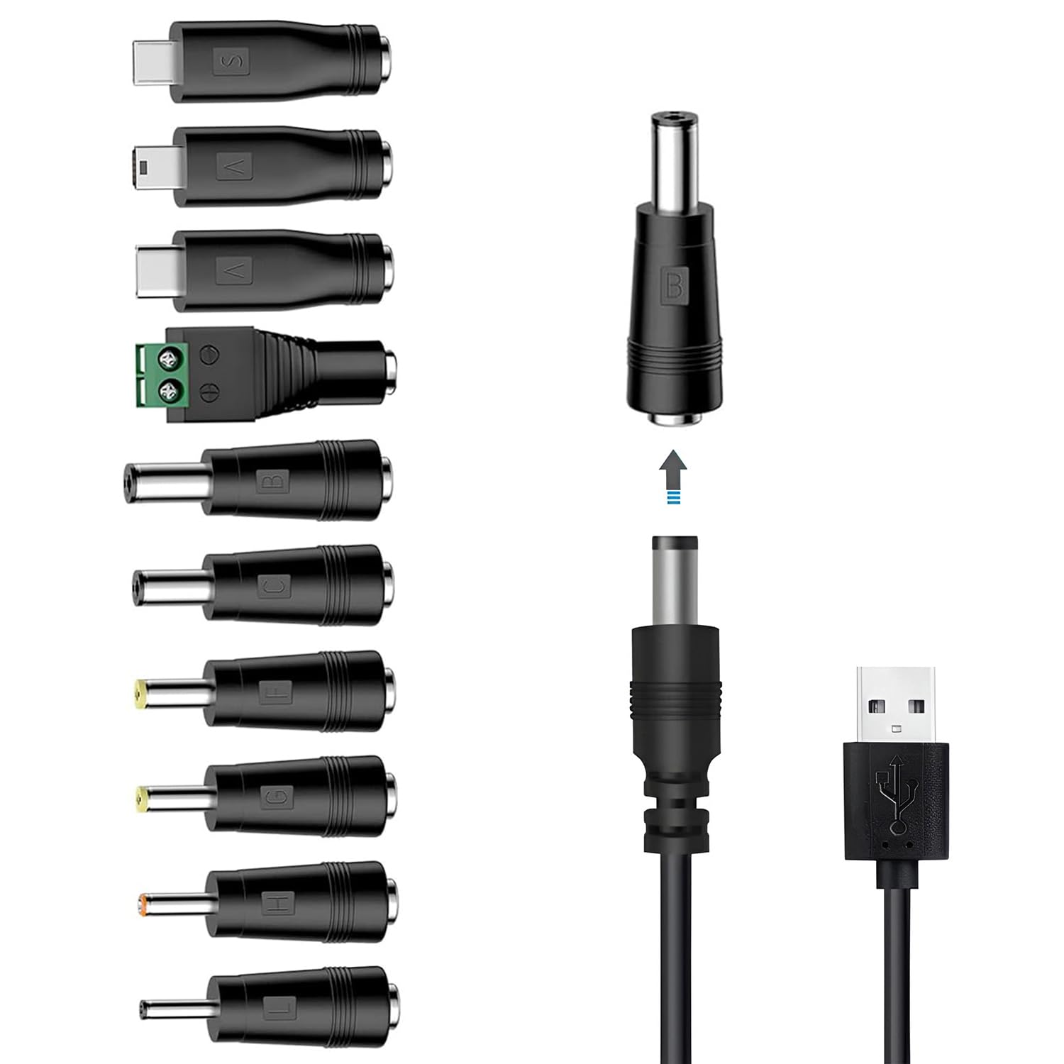 Universal Charger Power Cable, 5V USB to DC 5.5x2.1mm,with 10 Connectors (Micro-USB, Type-C, Mini USB, 2.5x0.7, 3.0x1.1, 3.5x1.35...) for Lamp,Mini