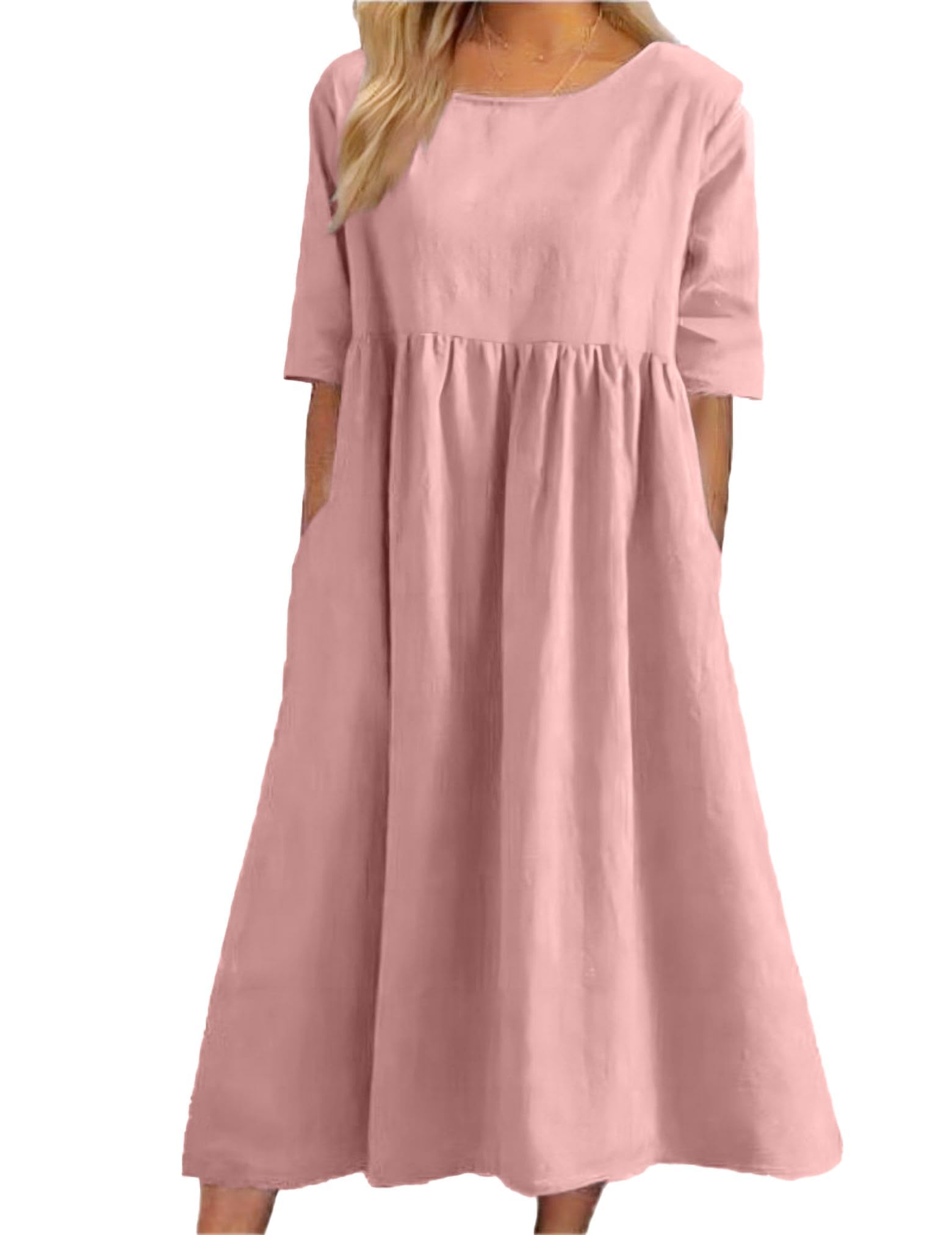 Maxi abito da donna in cotone e lino, girocollo, mezze maniche, taglie forti, casual, comodo, lungo abito con tasche