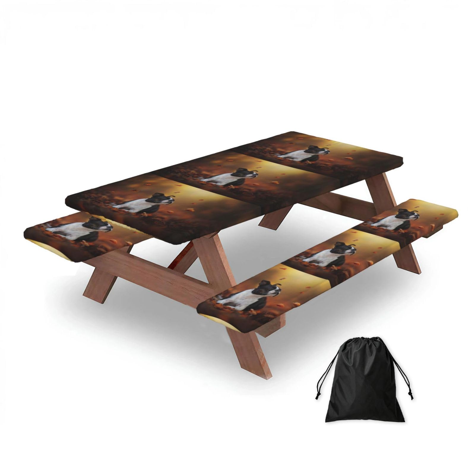 Dopklna As Picture Boston Terrier Autumn Bokeh Dogs Dogs, Picnic Table Cover With Bench Covers -Waterproof Elastic Fitted Tablecloth For Garden Camping Patio 76X152cm