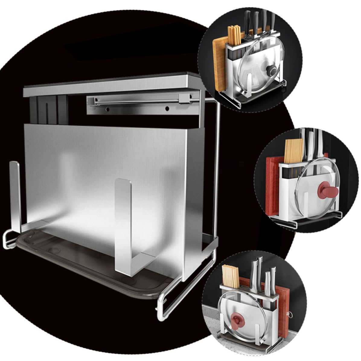 POPETPOP Support de Rangement en Acier Inoxydable pour Couteaux et Baguettes Planche à Découper et Porte-couvercle, Facile à Nettoyer Organiser Cuisine