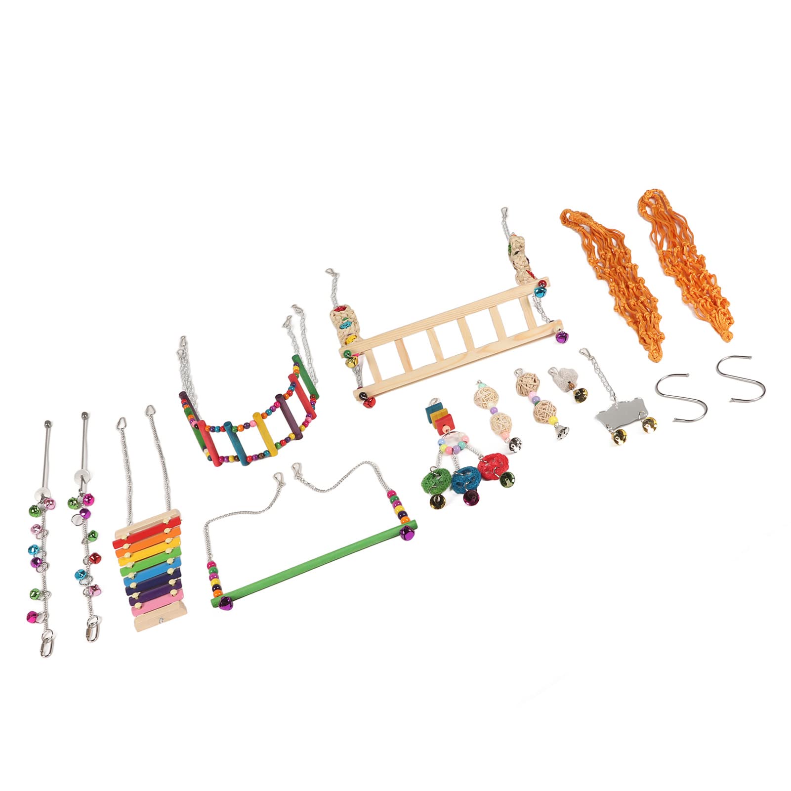12-teiliges Hühnerstall-Spielzeug, bunte Leier, Schaukel, Hängebrücke, Leiter, Obstgabeln, Spiegel, Rattan-Kugelschnur-Set