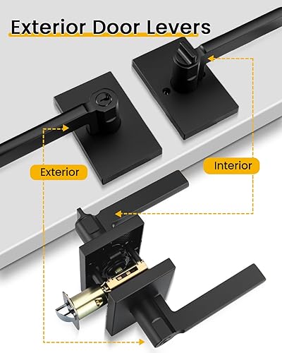 Miniatura 3 de goldenwarm Manija de puerta negra con cerradura y llave, manija cuadrada de puerta exterior negra mate, cerradura de puerta de entrada con llave de