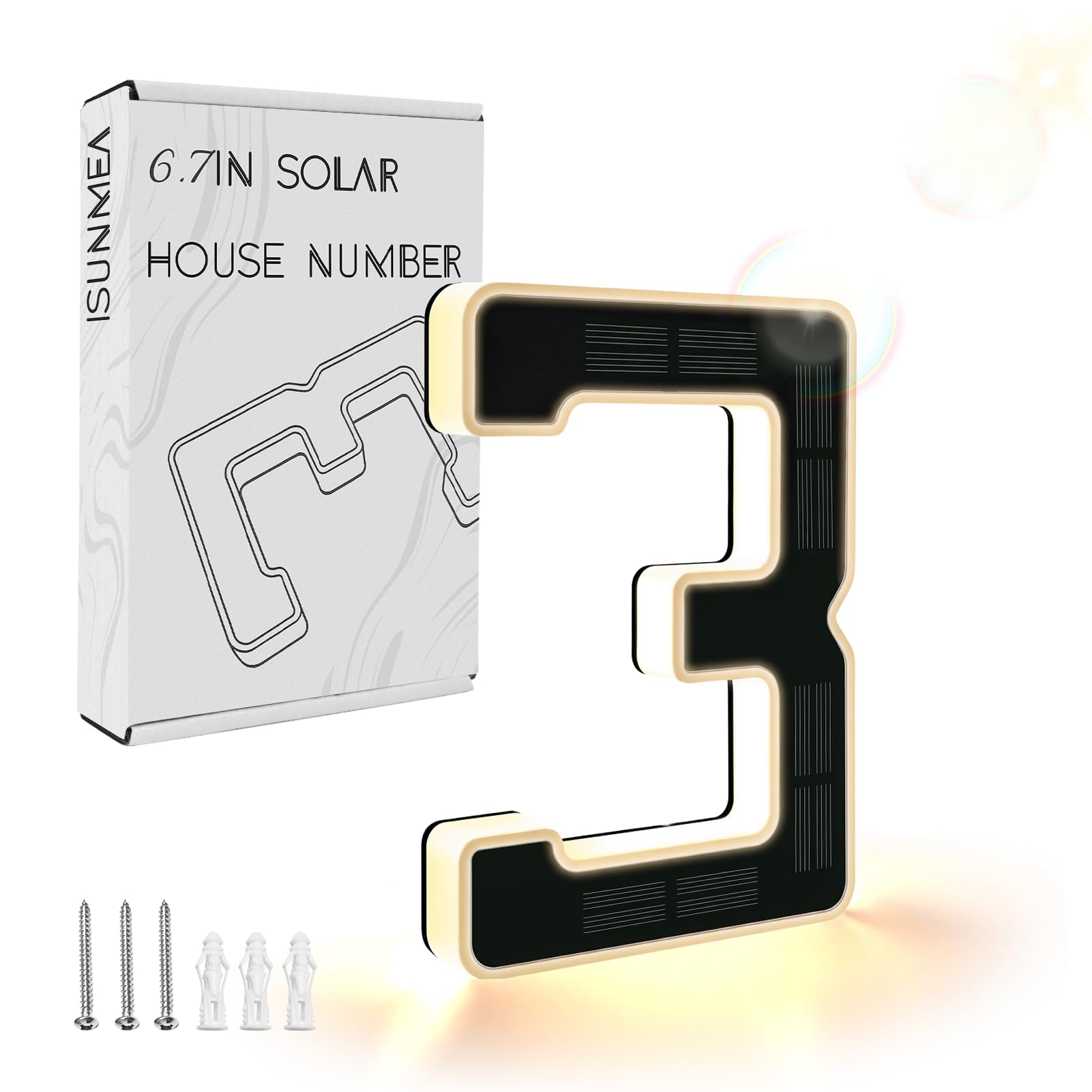 Photo 1 of ISUNMEA 6.7 Inch Solar Lighted House Numbers for Outside, Light Up Waterproof LED Address Signs for Houses, Backlit Illuminated Exterior Modern House Numbers Light (3-Black, 6.7IN)