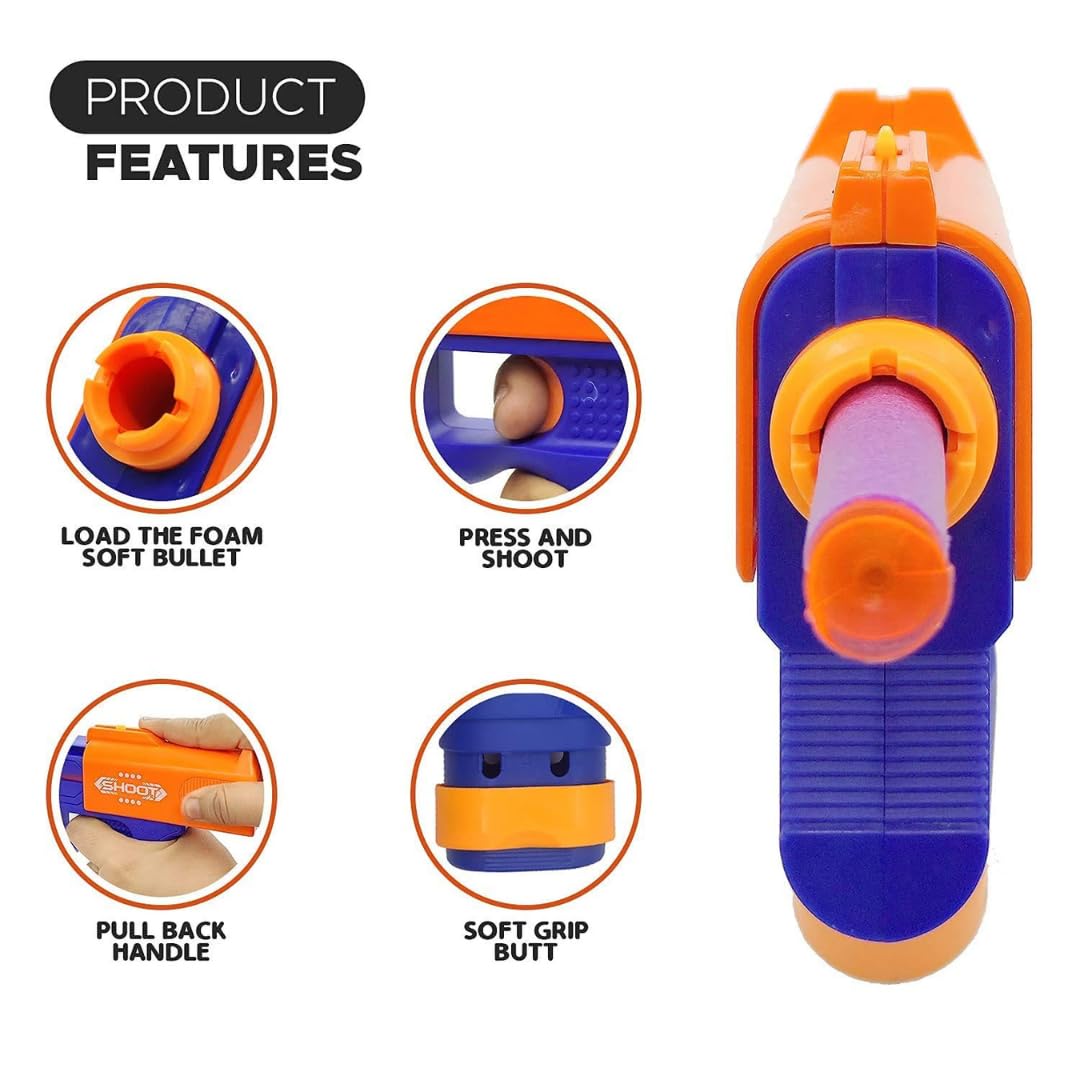 Kidoyz Mini Soft Blaster Toy Gun for Kids | Manual Foam Bullet Shooter with 3 Safe Soft Bullets | Long Range Action Toy | Safe Indoor & Outdoor Play | Multicolor 1
