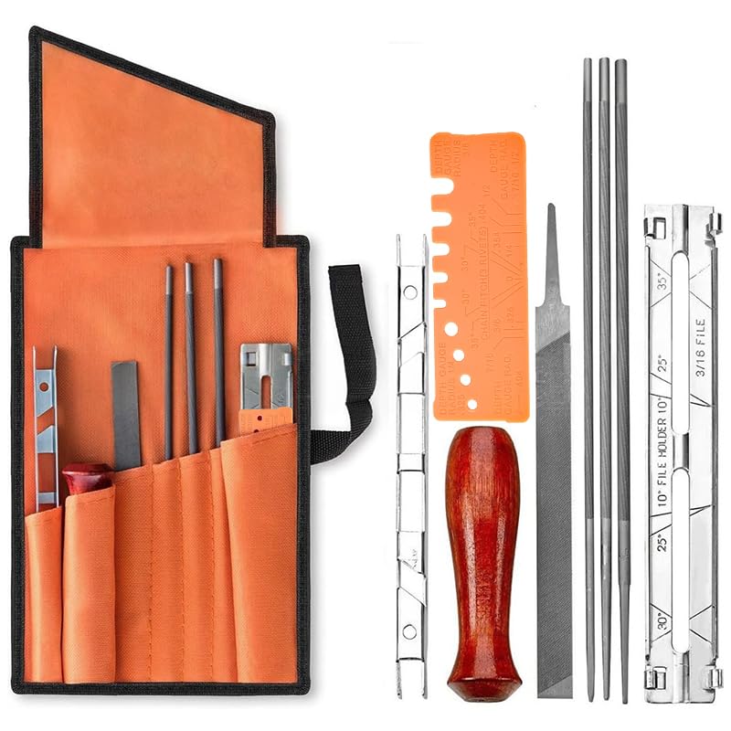 HASTHIP® Chainsaw Chain Sharpening Kit Set of 9Pcs Chainsaw Chain Repair Sharpening Round Files Kit Includes Round Files, Wooden Handle, File Guide, Flat File, Depth Gauge Tool, with Storage Bag-picture-31