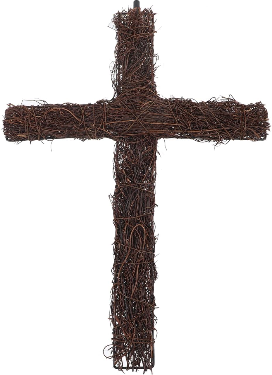 Amosfun Rattan Cross Stake Easter Day Decoration Grapevine Cross Wreath Frame 12 x 17 Inch Christians Cross Garden Stake DIY Ornament Religious Home Wall Decor