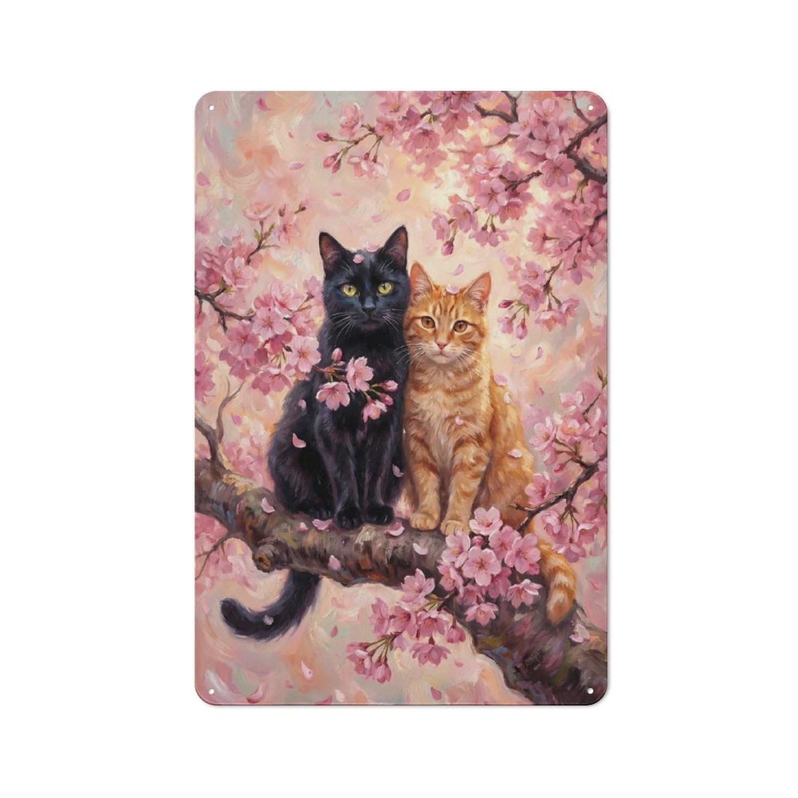 Junmoney Style-22 Tin Wall Plaque 30X20cm With Love Cats In Cherry Blossoms Painting For Hallway Wall, Suited To Wall Displays In Hallways And Entrance Areas