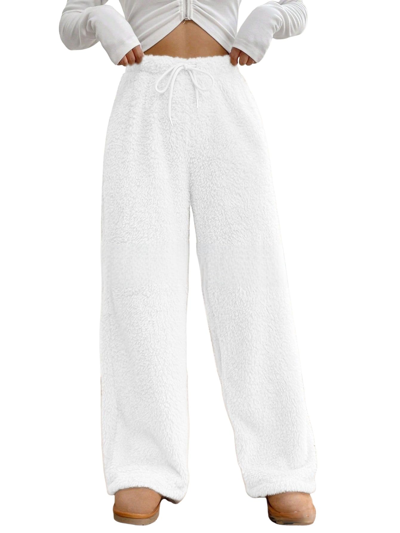 ZAFUL Women's Fuzzy Plush Pajama Pants Wide Leg Pj Bottoms Lounge Pants