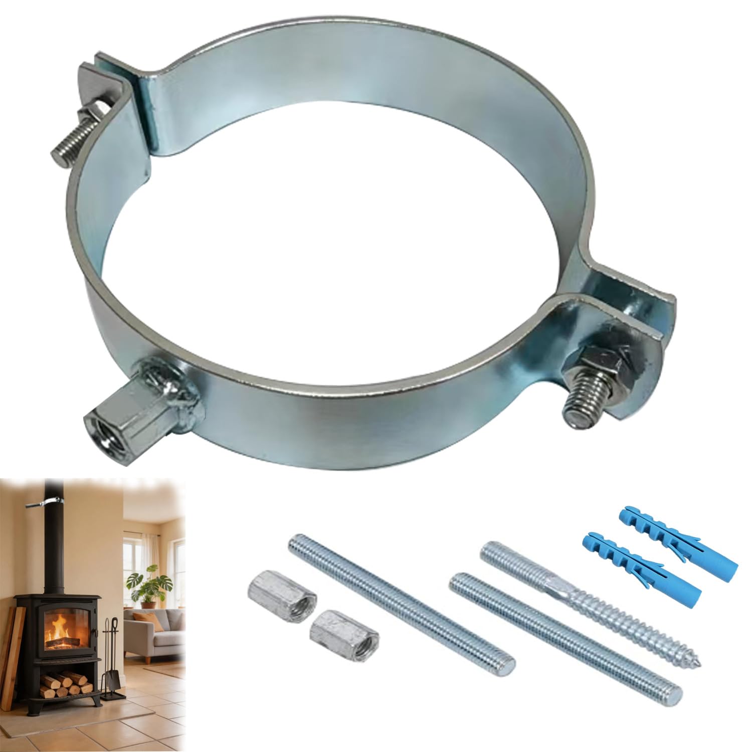 Soporte para Tubo de Horno con Tacos 1 PCS Abrazadera de Tubo de Humo 200mm Soporte Ajustable para de Horno Plata Abrazadera para de Acero Galvanizado para Montaje en Pared y Techo