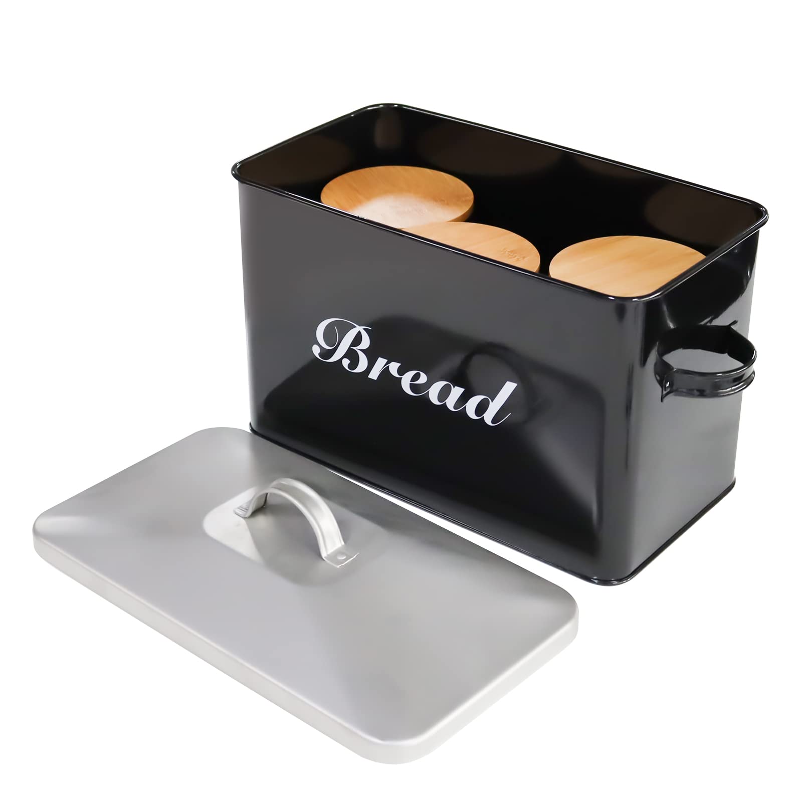 SOTECH Kitchen Storage Container Set Bread Box Metal Bread Box with 3pcs Jars Coffee Sugar Tea Can for Kitchen CounterTop Farmhouse Bread Snack Box Black