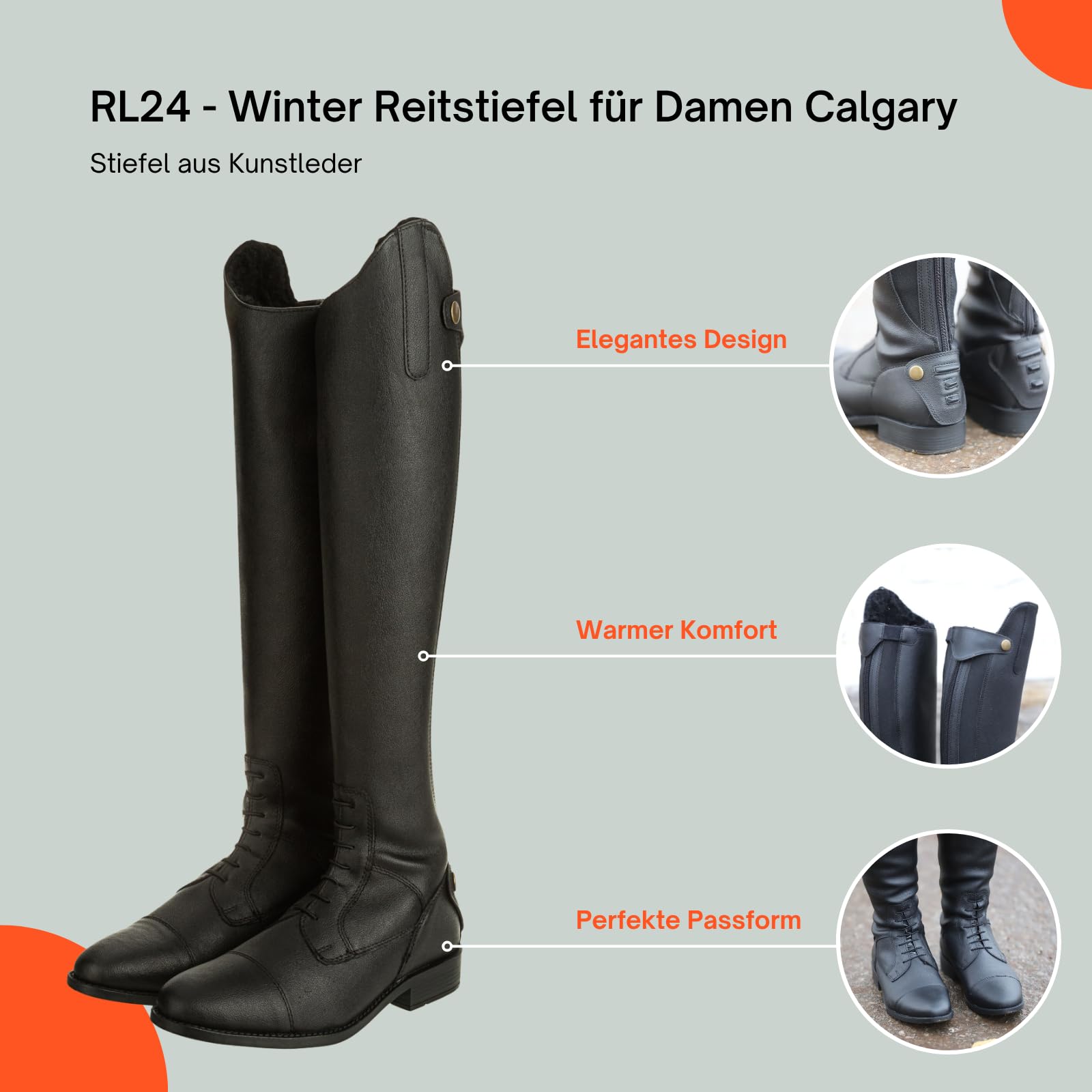 RL24 - Winter Reitstiefel für Damen Calgary – warme Damenstiefel zum Reiten – Stiefel aus Kunstleder mit Teddyfell & Reißverschluss – Winterstiefel in schwarz – Größe 36-42