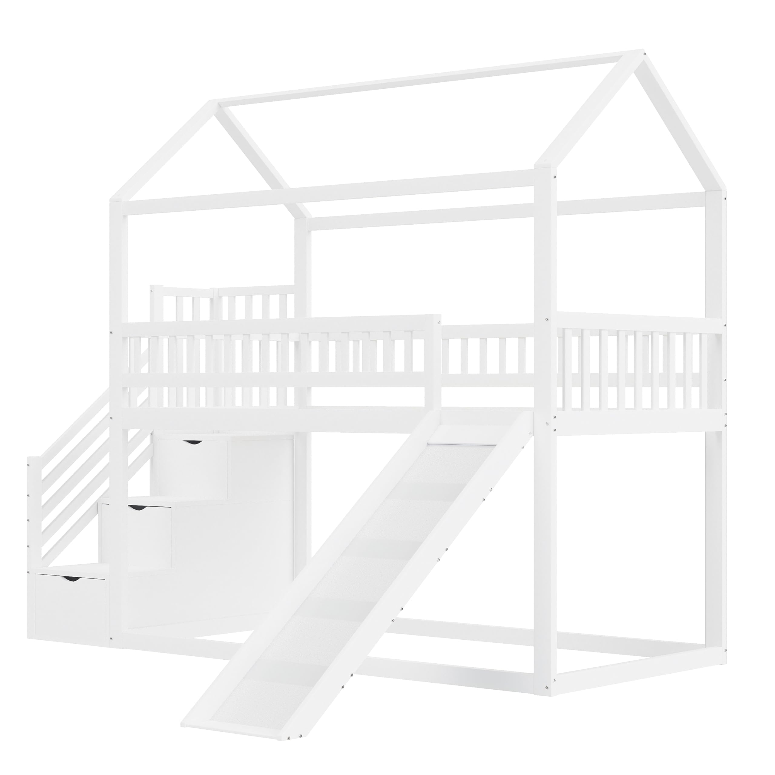 Hochbett Kinderetagenbett 90x200 cm, Multifunktionales Kinderbett, mit Rutsche und 3 Stauraumleiter, hohe Zaunkonstruktion, Massivholzbettrahmen, Lattenrost,Weiße