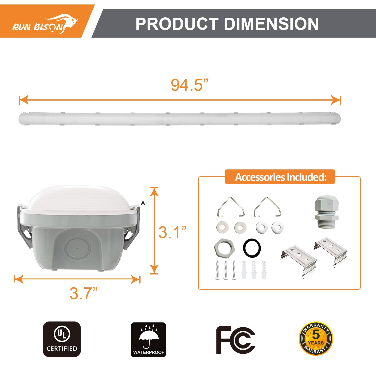8FT LED Vapor Tight Light 8450LM-9750LM-11700LM Tunable 3500K 4000K 5000K CCT Selectable 130LM W 0-10V Dimmable Waterproof Parking — view 8