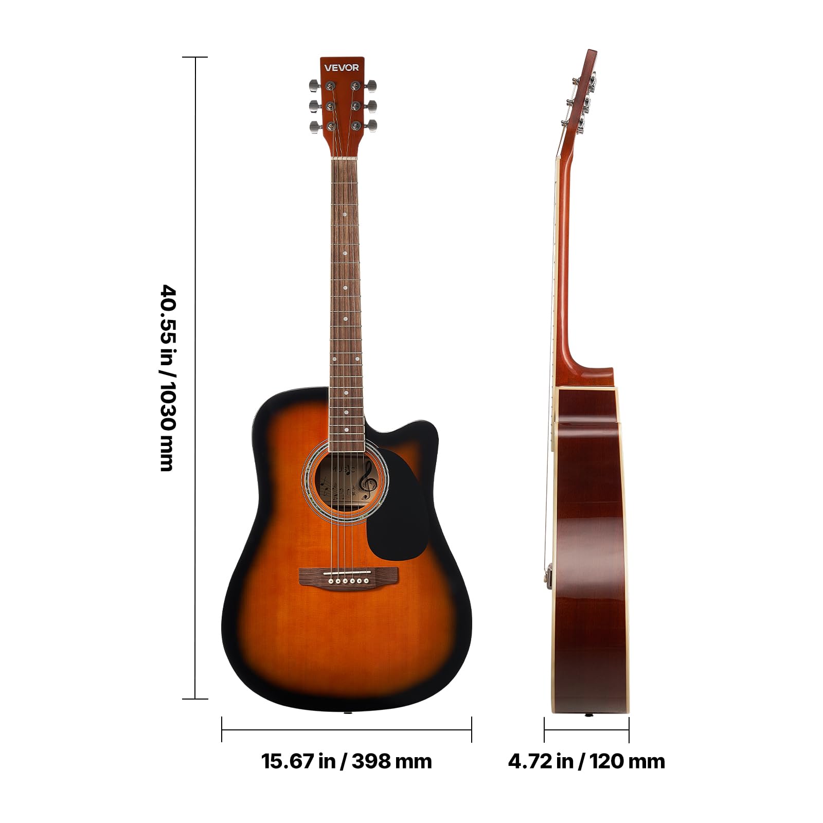 VEVOR Elektro Akustische Gitarre Cutaway 1041,4 mm, Anfängerpaket mit Gigbag, Stimmgerät, Gurt, Stahlsaiten, Plektren, Kapodaster, Palisandergriffbrett, für Fingerstyle-Solo-Jazz, Sunburst