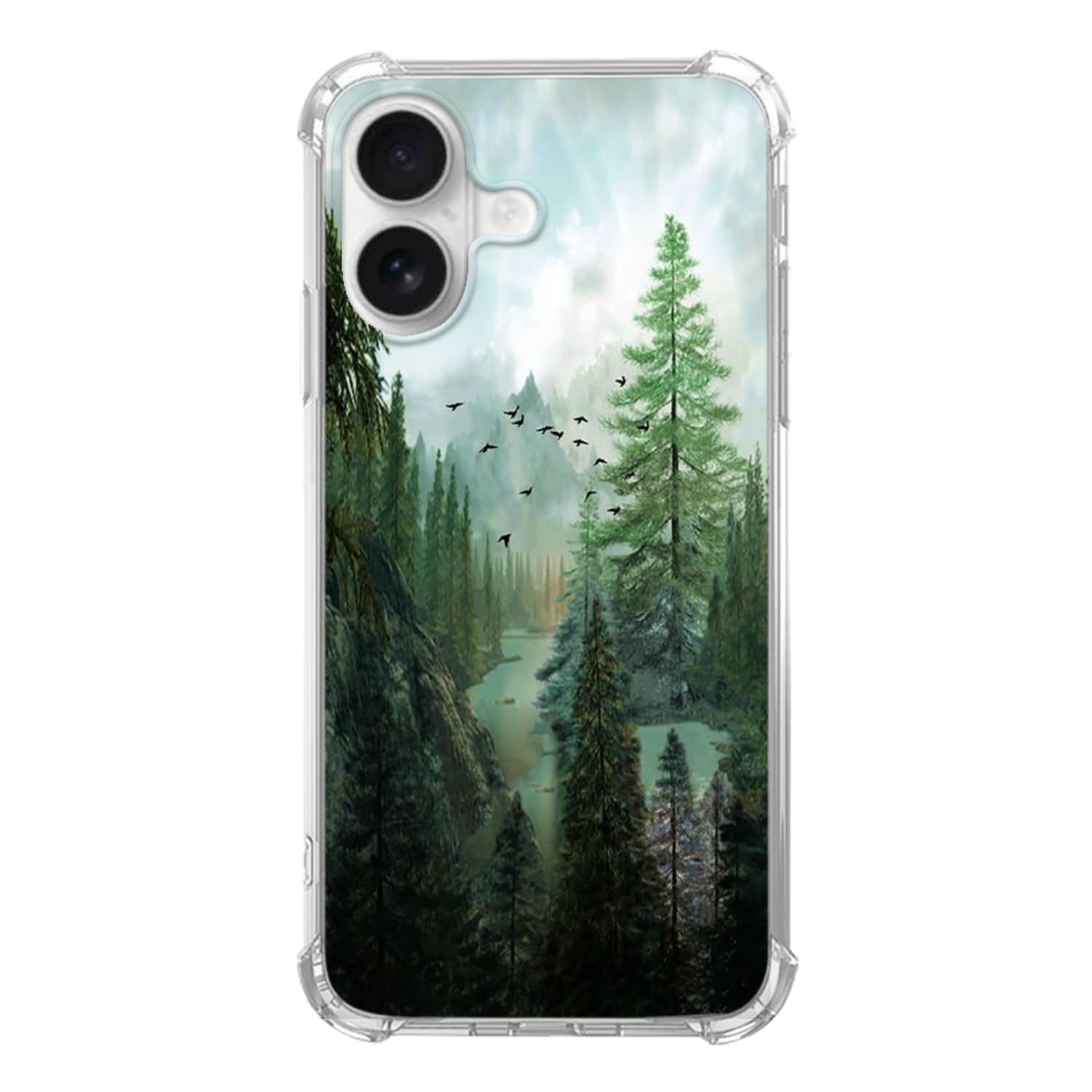 WidofvSpky Mountain with Birds Case Compatible with iPhone 16, Beautiful Scenery Nature Forest Case for iPhone 16, Trendy Unique Design TPU Bumper
