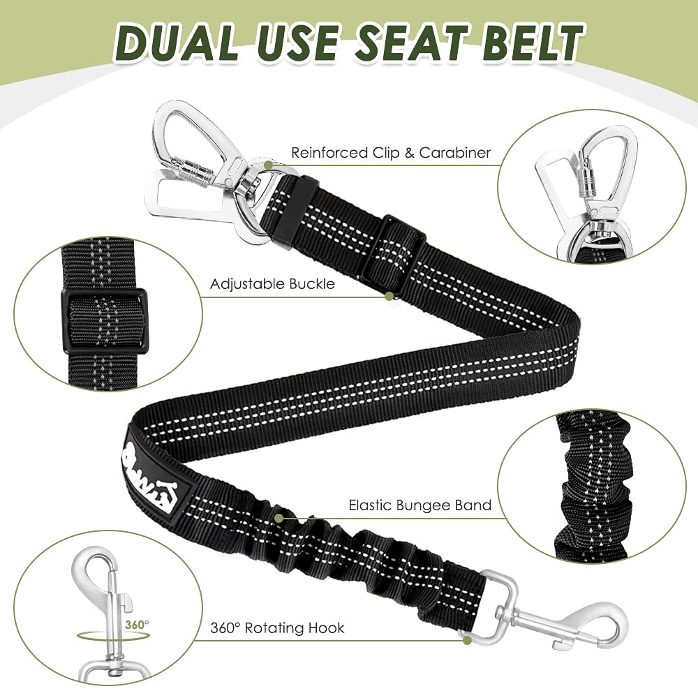 SlowTon Dog Seat Belt Harness for Car, Dog Car Harness Adjustable Mesh Breathable & Dog Seatbelt Safety Tether with Elastic Bungee for Small Medium Large Pets(Black, Double Clip, L) - image 7