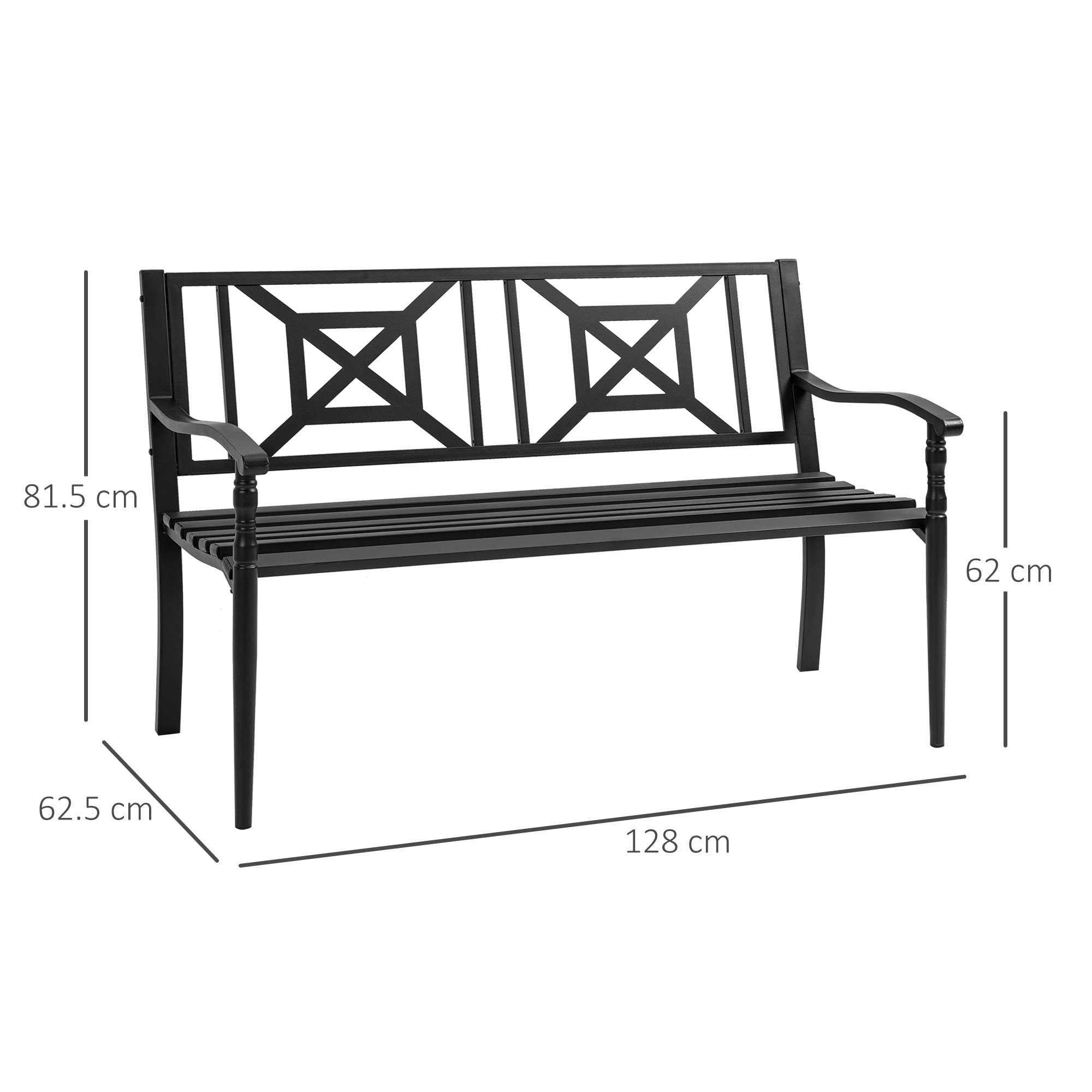 Outsunny Panchina da Esterno in Acciaio, Panchina da Giardino 2 Posti con Schienale Alto e Braccioli, Resistente alla Ruggine, 128x62.5x81.5 cm, Nero