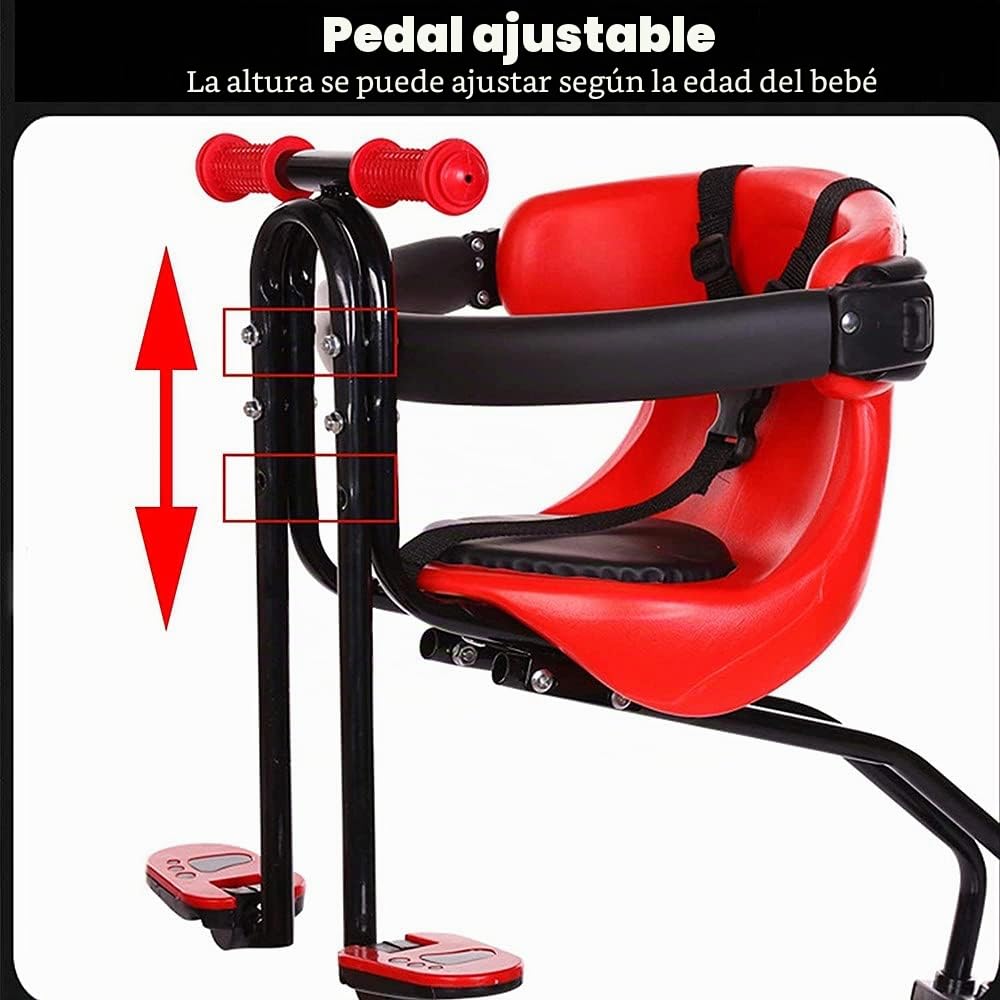 Silla Delantera para Niños para Bicicleta Sillas de Bicicletas para Niños, Asiento Bicicleta para Niños con Cinturón de Seguridad, Respaldo, Pedales, Pasamanos para Niños, Niñas Red