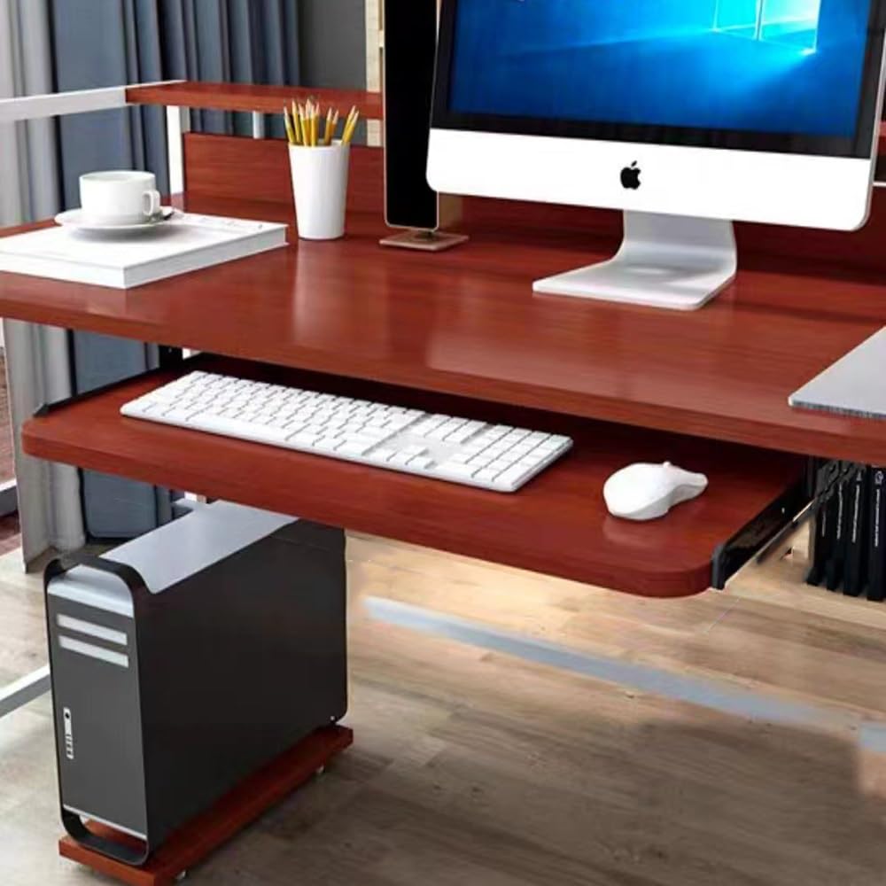 Ergonomiczna wysuwana szuflada na klawiaturę, wysuwana wysuwana platforma pod klawiaturą i myszką, drewniana konstrukcja, 60 x 27 cm, czerwono-brązowe wykończenie