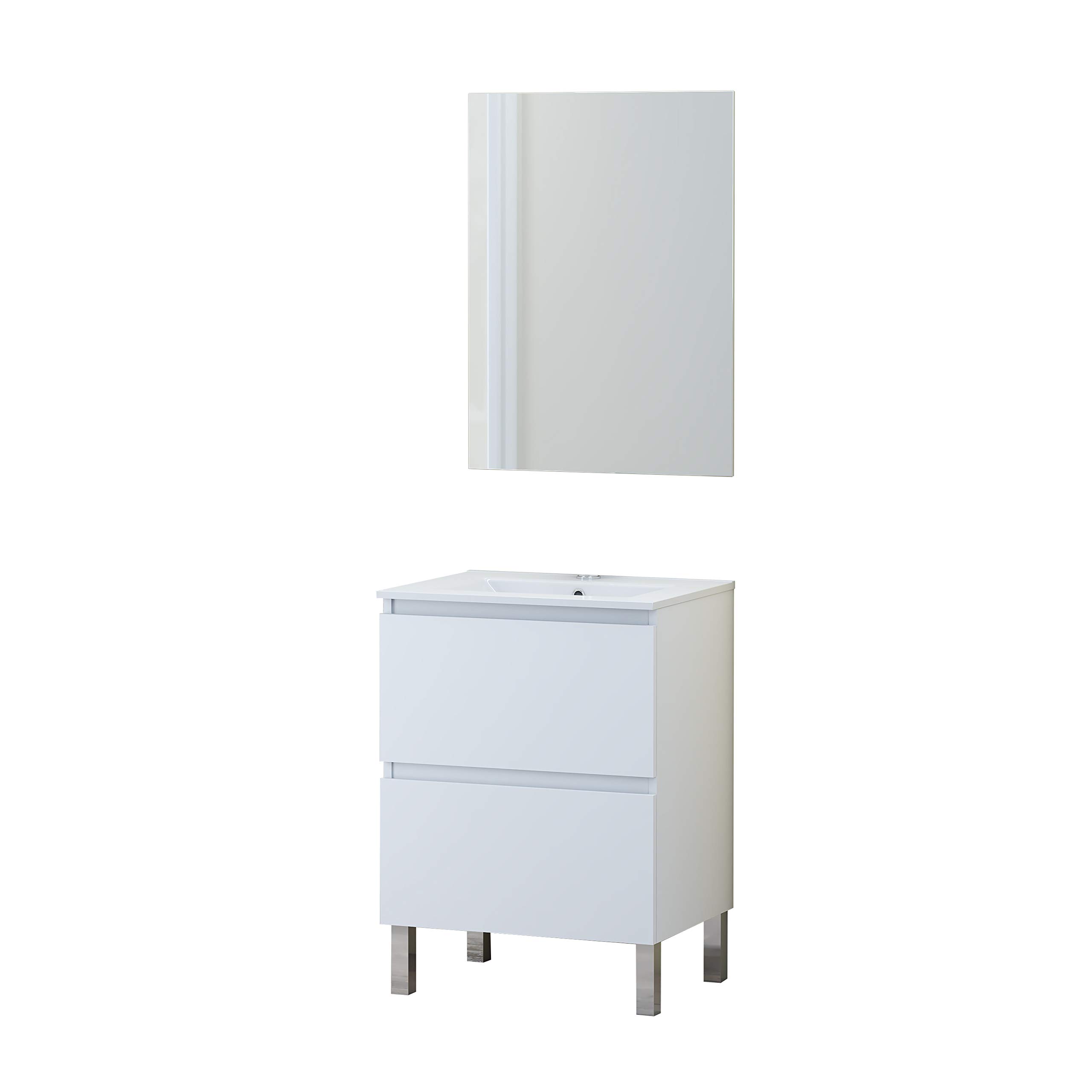 BaikalBathroom Cabinet Set with Sink and Mirror, with Legs, in Various Finishes, Melamine 16, Door + Drawer, 60 cm, White