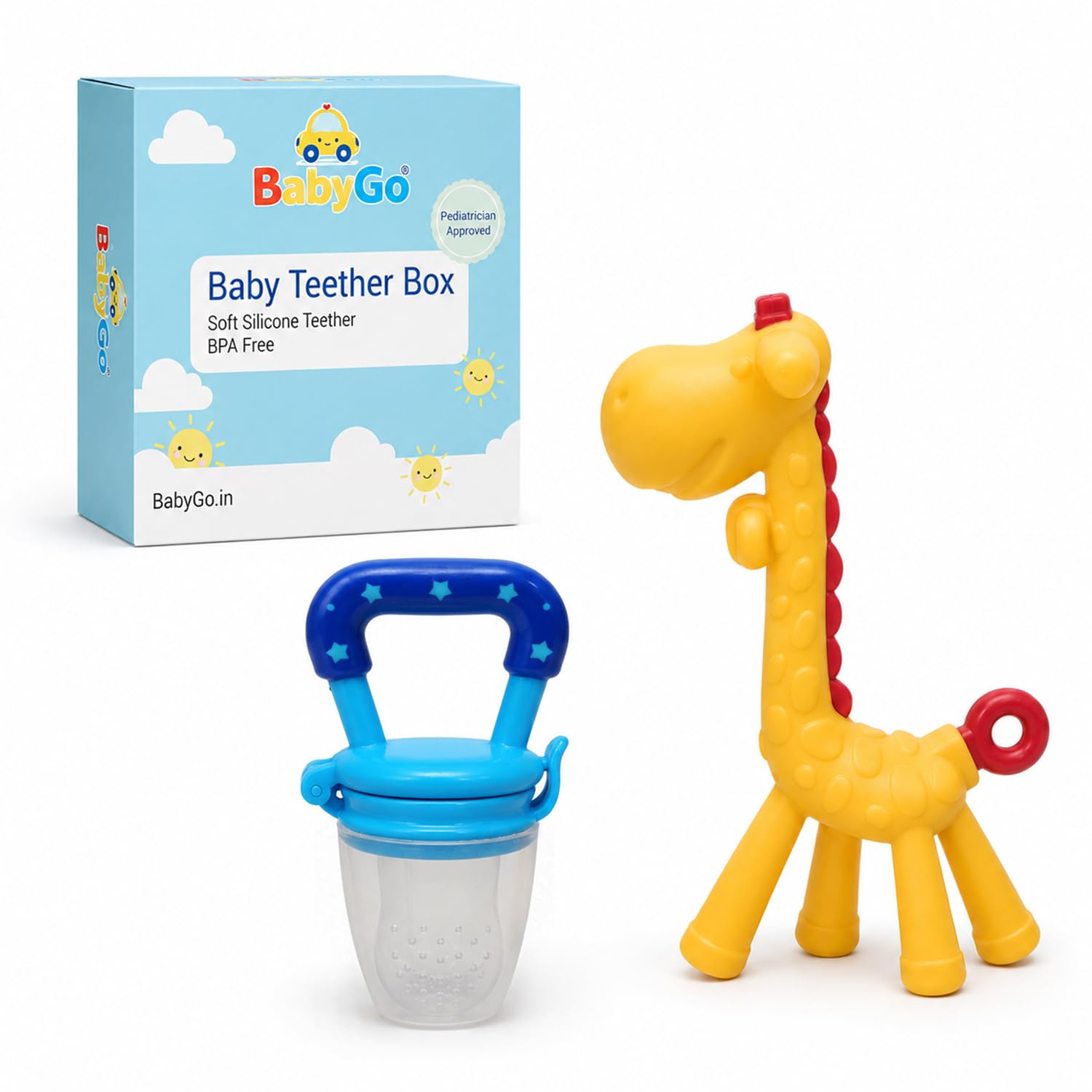 BabyGo Infant Organic Baby's Bpa-Free Silicone Nipple Food Nibbler for Fruits with Silicone Teether Giraffe Teething Toys for Kids (Combo Pack),Assorted-picture-31