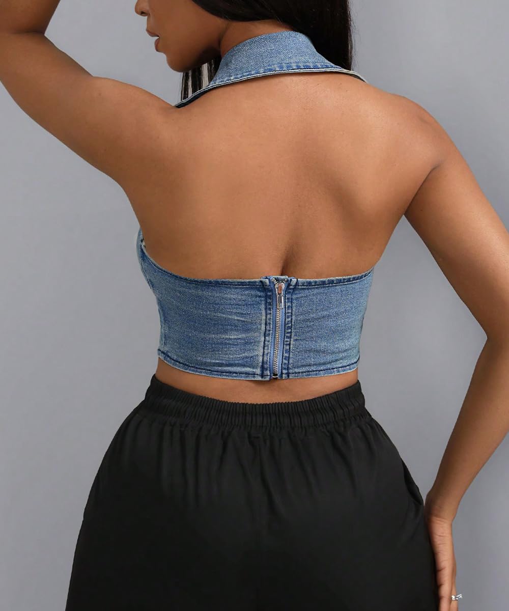 Sexy Denim tubo top sin mangas solapa hueco encaje hasta slim cropped denim corsé chaleco tops