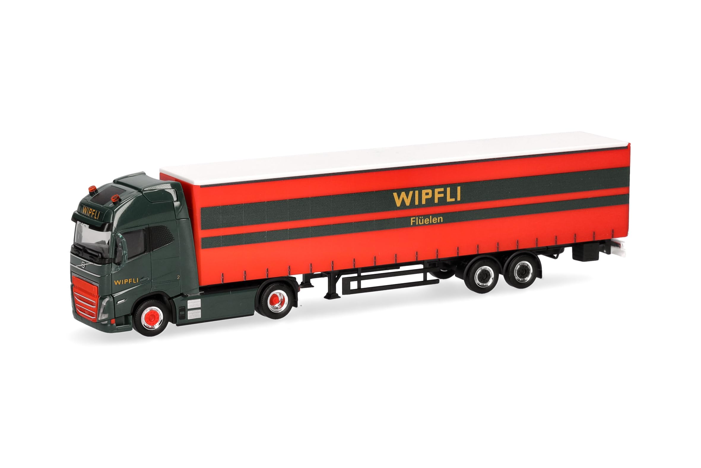 Herpa Model ciężarówki Volvo FH GL XL Electric naczepa plandeka "Wipfli" (Szwajcaria), miniatura w skali 1:87, kolekcjonerski, Made in Germany, plastik