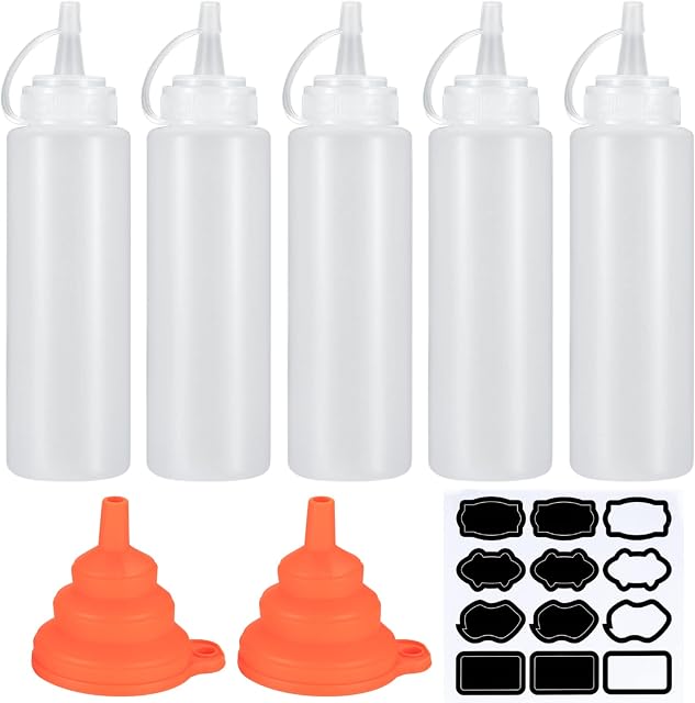 Zhujiehigh 5 Pcs Squeeze Condiment Bottles, Plastic Sauce Seasoning Bottles Dispensers, 8 oz Squeezy Squirt Bottles for Ketchup Mustard Hot Sauces Oil with Funnel, Sticker Lable - White