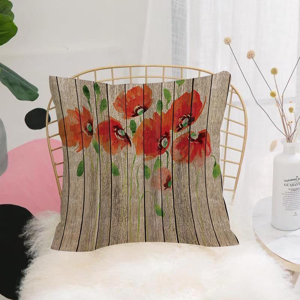 HYOSXW Cushion Cover,Throw Pillow Case Home Decorative for Living Room Bedroom Sofa Chair 16X16 Inch,Poppy flowers, rural, weathered wooden boards, pastoral wild flowers,Pillowcase 40X40cm