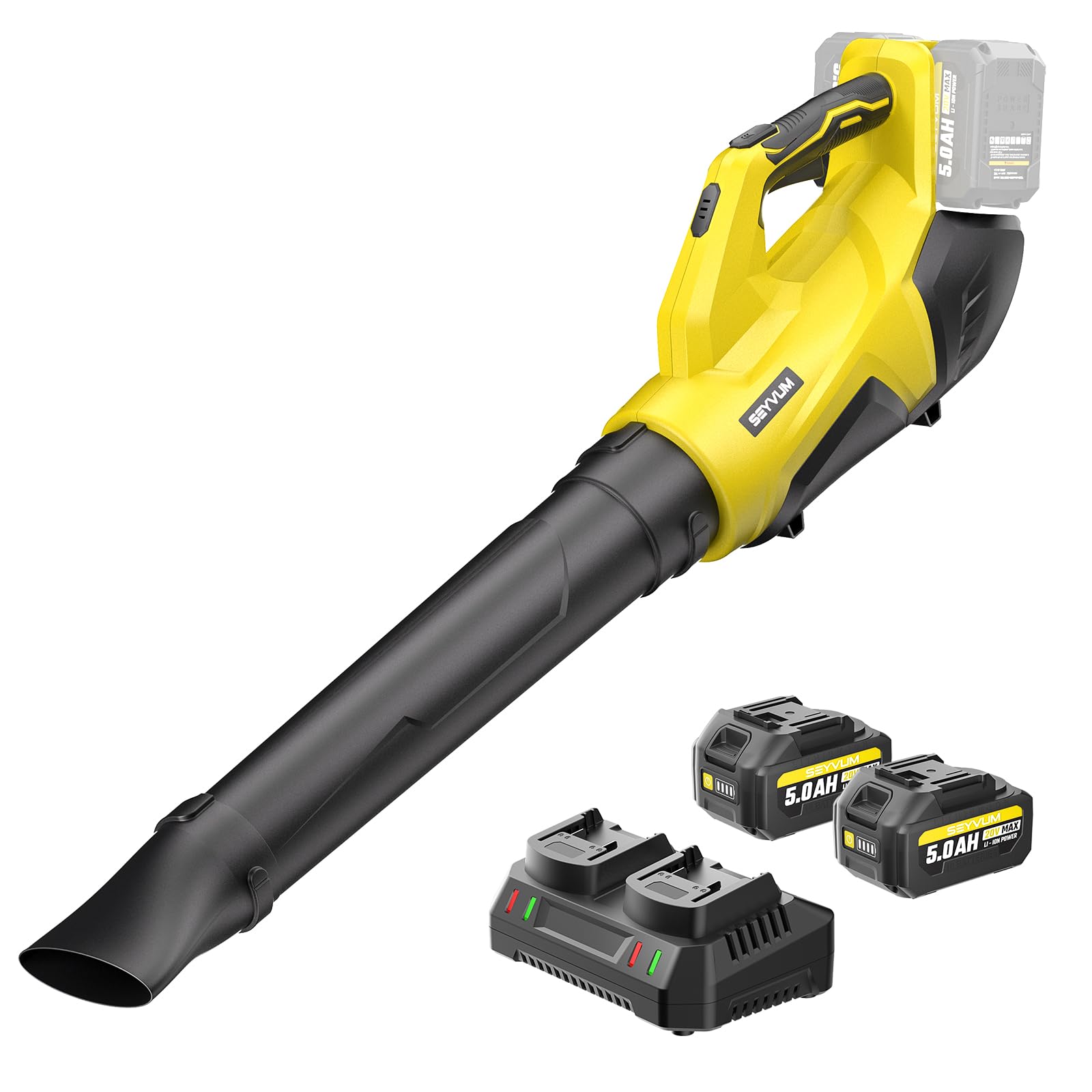 SEYVUM Leaf Blower Cordless 40V - 650CFM 200MPH Brushless Electric Leaf Blower with 2 X 5.0Ah Battery & Charger, Blowers for Lawn Care 3 Variable Speed & Turbine Power Boost, Lightweight -Yellow