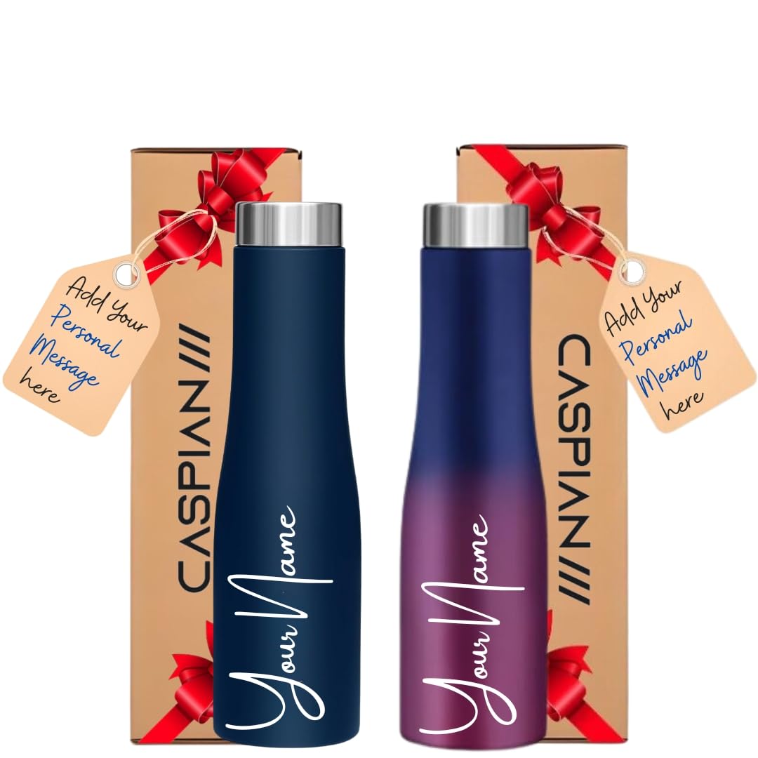 Caspian Aqua Customised Stainless Steel Water Bottle 1L, Combo PB & MC with Logo Print - Personalised Water Bottle with Your Name Print for School Office Gym- Perfect for Corporate Gifting (Set of 2)