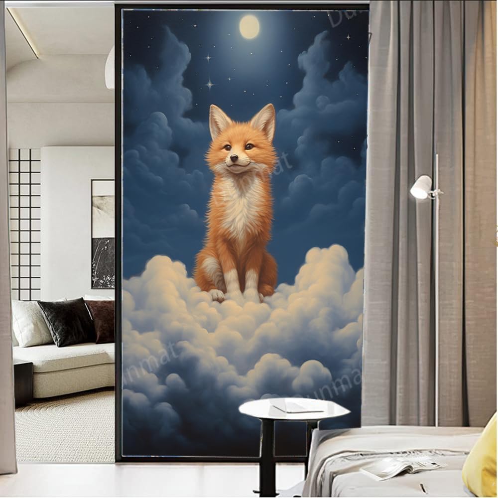 Abstract Cartoon Fox Stained Glass Window Privacy Film Beautiful Clouds Moon Orange Animal Window Decor Heat Blocking Self-Adhesive Glass Door Covering for Bathroom Home 35.4Wx55.1L inch
