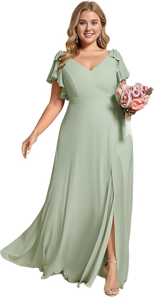 plus size mint bridesmaid dresses BABARONI Plus Size 2025 V Neck Chiffon Short Dress for Bridesmaids-Mint Green