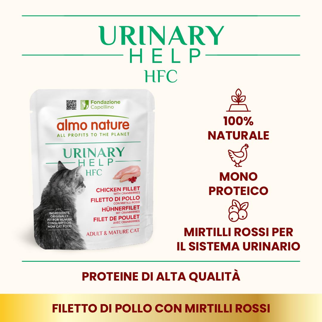Almo Nature HFC Urinary Help - Cibo Umido per Gatti - Supporto Vie Urinarie - Filetto di Pollo e Mirtilli Rossi - Human Grade, Monoproteico, Gluten Free - 24x50g