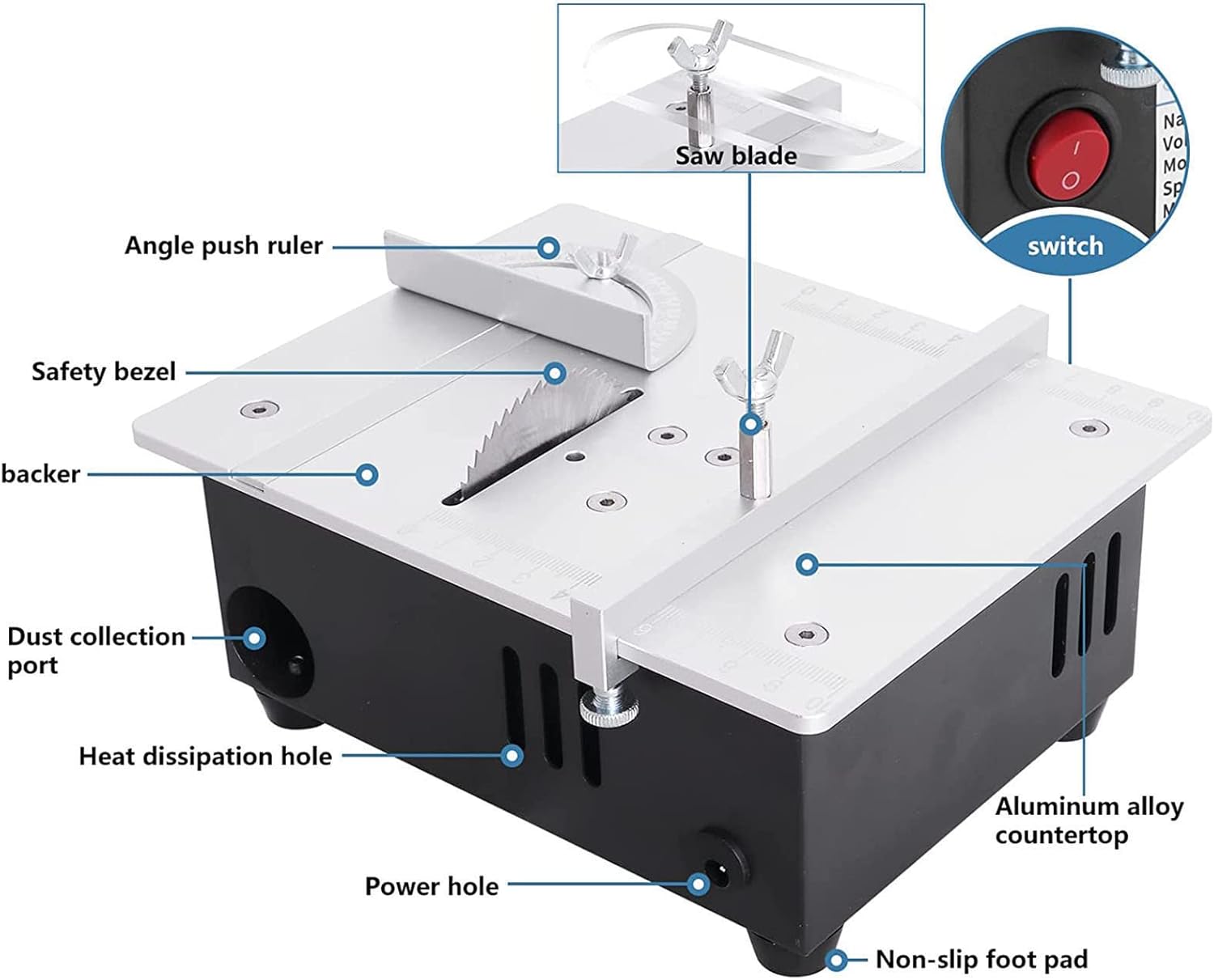Mini Table Saw，96W Precision Electric Table Saw,with Miter Gauge，for DIY Handmade Wood/Metal/Plastic Cutting