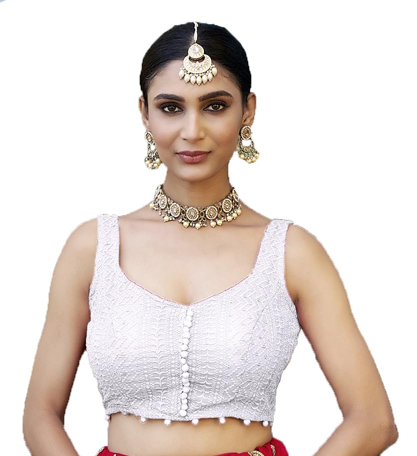 Image of Vihu Fashion Women's Readymade Fancy Potli Pattern Blouse Embroidery Lucknowi Work Sequence Work Indian Ethnic Designer Sleeveless Blouse Readymade Sweetheart Neck Blouse Women Blouse