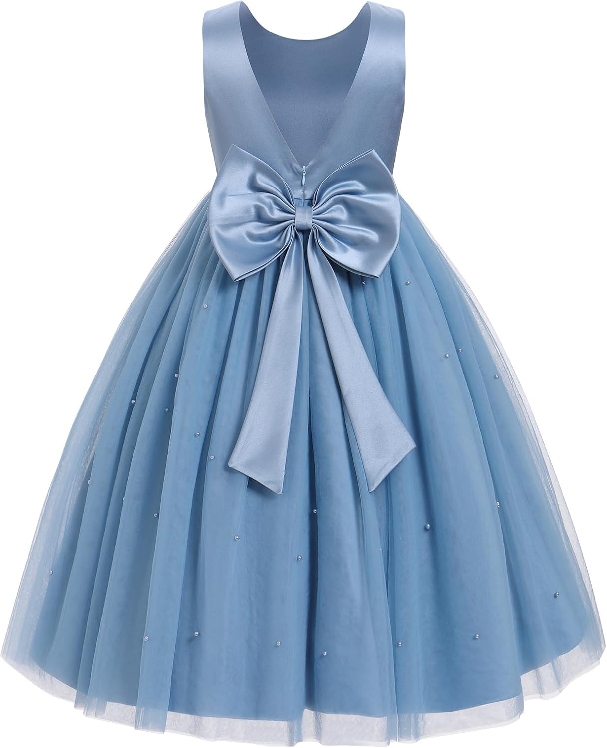 IBTOM CASTLE Flower Girl Dress V-Back Satin Pearl Tulle Wedding Bridesmaid Princess Birthday Party Communion Formal Ball Gown