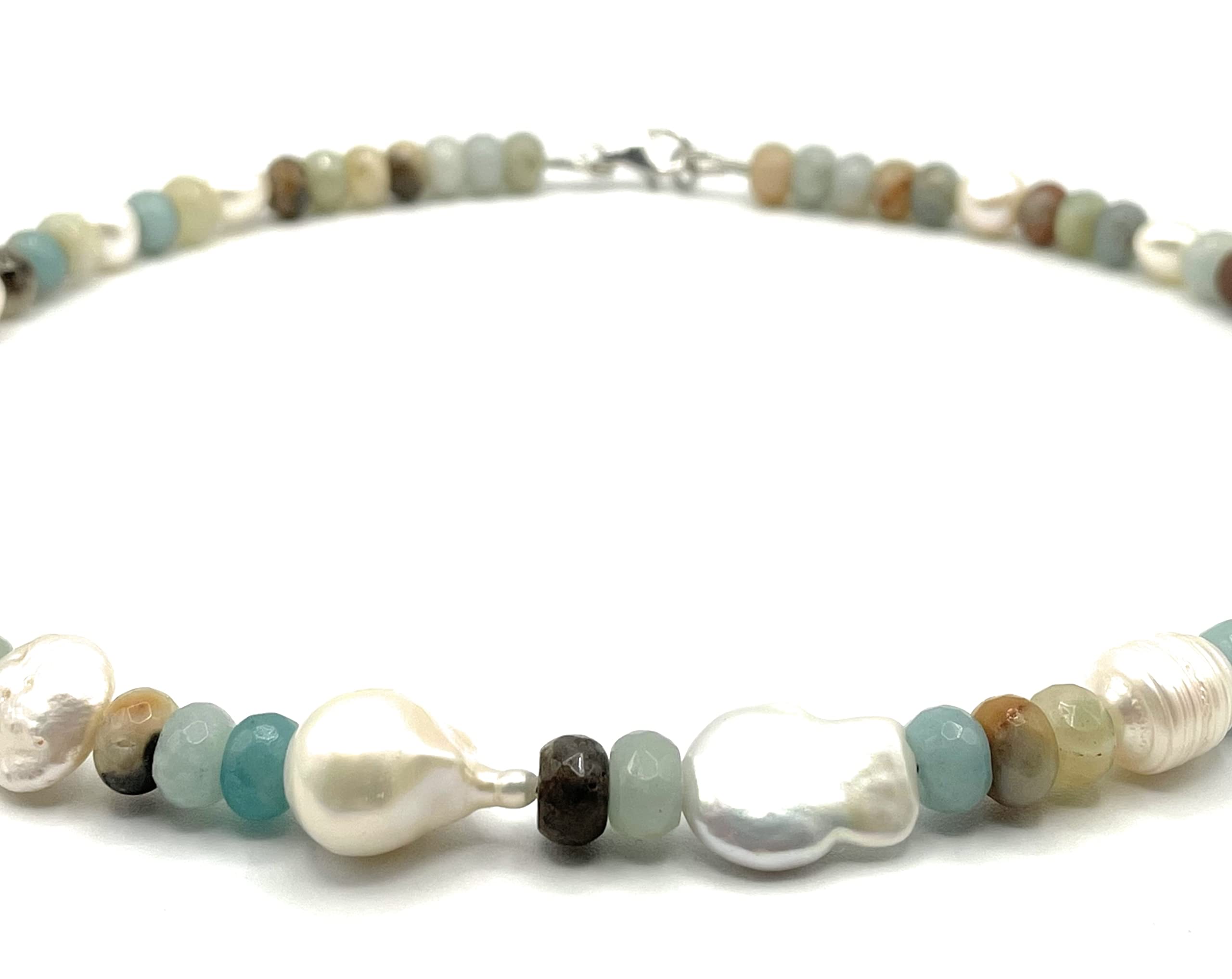 Amazonit Halskette mit Barock Perlen, 925 Sterling Silber, Chunky Edelstein Choker, italienischer Schmuck, April Geburtstagsgeschenk, Made in Italy